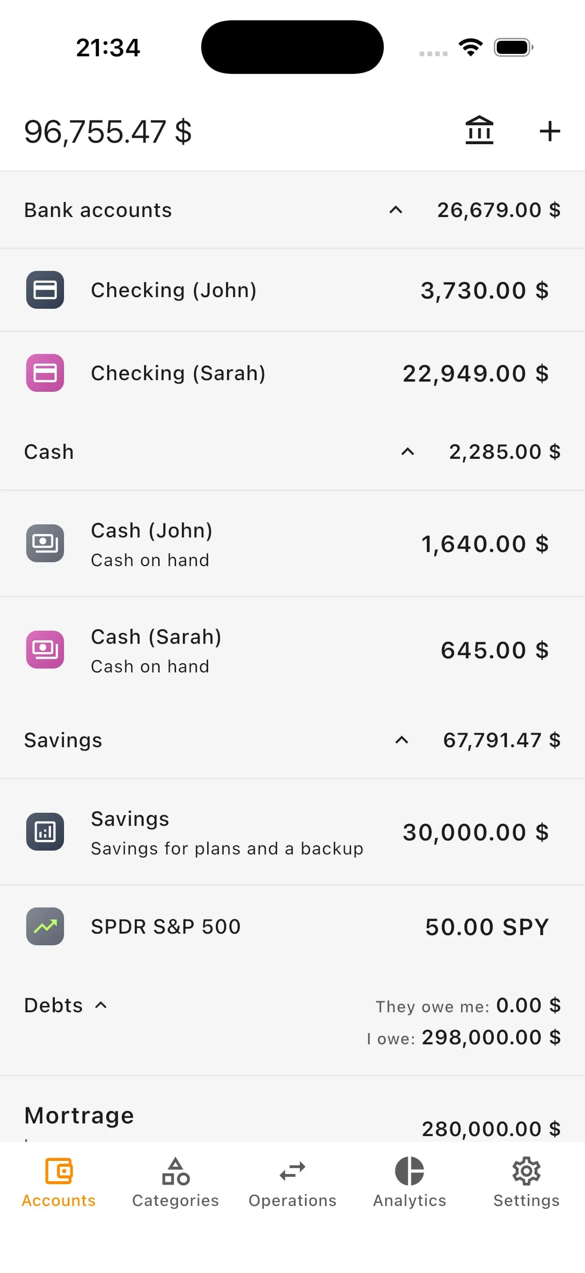 Kiso Money screenshot: account list and total balance